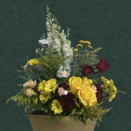 Mixed bouquet in a beige cone wrap with yellow and red flowers
