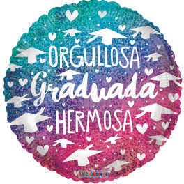 Round graduation balloon with Spanish text and cap icons