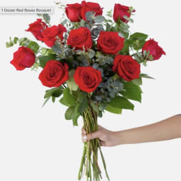 Bouquet of red roses with eucalyptus greenery