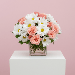 Arrangement of peach-pink roses and white daisies in a square glass vase on a white pedestal.