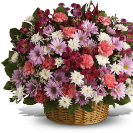 Basket of pink, purple, and white mixed flowers