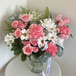 Rustic joy vase-Daisy,mini roses,Eucaliptus and solidago