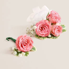 Pink Spray Rose Corsage and Boutonniere (White)