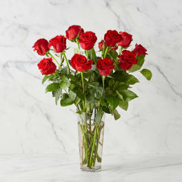Red roses arranged in a clear glass vase
