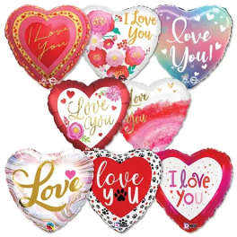 Assorted heart-shaped balloons with "I love you" text