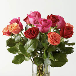 Bouquet of pink, red, and peach roses in a clear glass vase