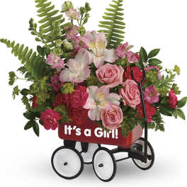 Pink and red flower arrangement in a wagon with "It's a Girl!" text