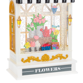 Decorative flower shop display with colorful potted blooms in a miniature storefront
