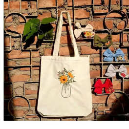 Daisy Vase Embroidery Canvas Tote Bag