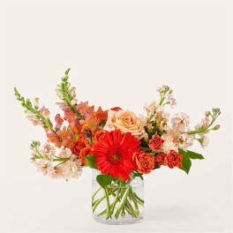 Mixed bouquet of orange and pink flowers in a clear glass vase