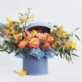 Colorful bouquet in a blue hatbox with roses and orchids