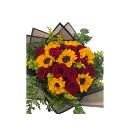 Bouquet of red roses and yellow sunflowers with greenery