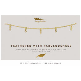 Gold chain necklace with small feather and crystal charms displayed on a white card with printed text.