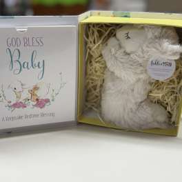 Gift box with a plush bunny and a baby blessing card