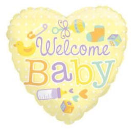 Heart-shaped balloon with "Welcome Baby" text and baby icons