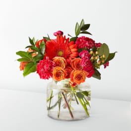 Bright mixed bouquet in a clear glass vase with red, orange, and pink blooms