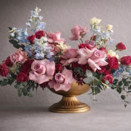 Pink and red rose arrangement in a gold pedestal vase with blue flowers