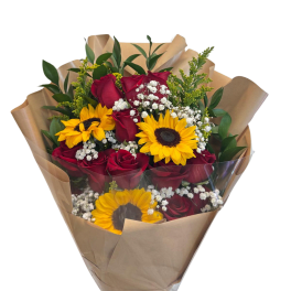 12 Red roses with 3 sunflowers.