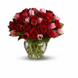 Red roses and pink tulips arranged in a clear glass vase