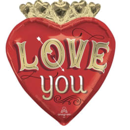 Heart-shaped red foil balloon with gold crown and "LOVE you" text