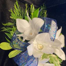 Navy Blue and White Orchid Wrist Corsage