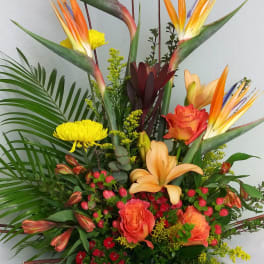 Tall tropical bouquet with orange bird of paradise and roses