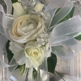 White rose bouquet with sheer ribbon and decorative beads