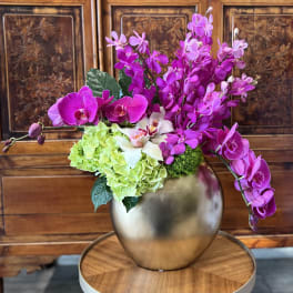 Pink orchids and green hydrangeas in a gold vase