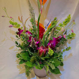 Tropical flower arrangement with bird of paradise and orchids in a pot