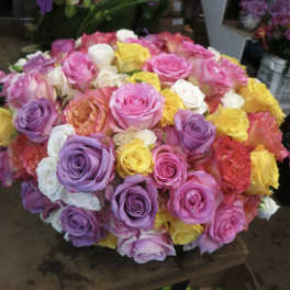 Large bouquet of multicolored roses in pink, purple, white, and yellow