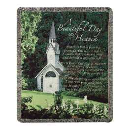 Memorial blanket with a church scene and the words "A Beautiful Day in Heaven"
