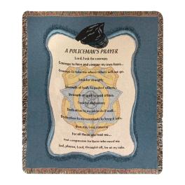 Blue woven blanket with a police prayer and badge graphic