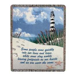 Lighthouse beach throw blanket with a memorial quote