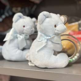 Two light blue teddy bears with ribbons on a shelf