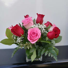 Pink and red roses arranged in a square glass vase