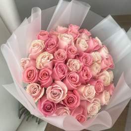 Bouquet of pink and blush roses wrapped in pale pink paper