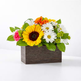 Mixed bouquet with a sunflower, daisies, roses, and carnations in a wooden box