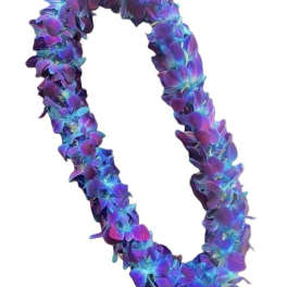 Purple and blue flower lei on a white background