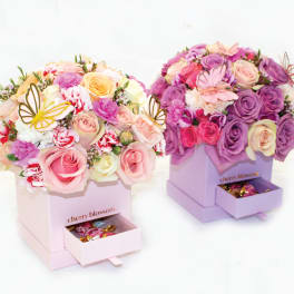 Two pastel flower boxes with roses and butterfly decorations