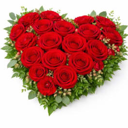 Heart-shaped bouquet of red roses with green foliage