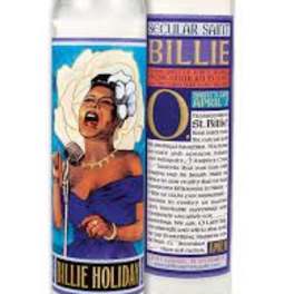 Two memorial candles with Billie Holiday labels