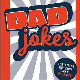 Father's Day card with bold "Dad jokes" text on a red background