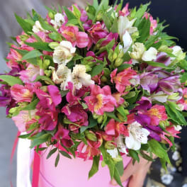 Pink and white alstroemeria bouquet in a round pink box
