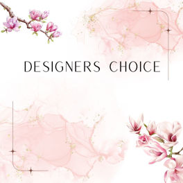 Pink magnolia blossoms with the words "Designers Choice" on a white background.