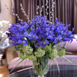 Blue iris bouquet in a clear glass vase with green filler flowers