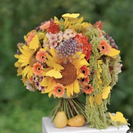 Bouquet of sunflowers and orange flowers with hanging green filler
