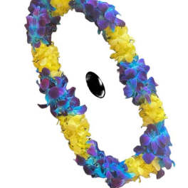 Colorful flower lei with purple, blue, and yellow blossoms
