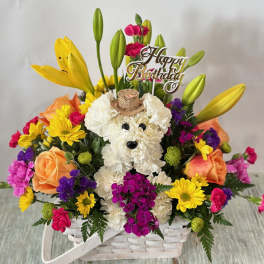 Flower basket with a teddy bear and Happy Birthday sign