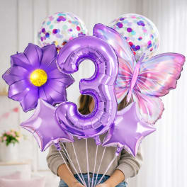 Purple number 3 balloon bouquet with butterfly and confetti balloons