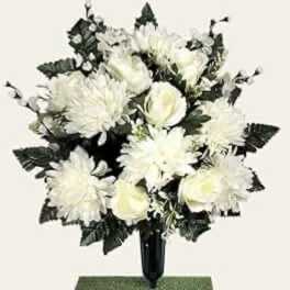 White floral arrangement in a black vase